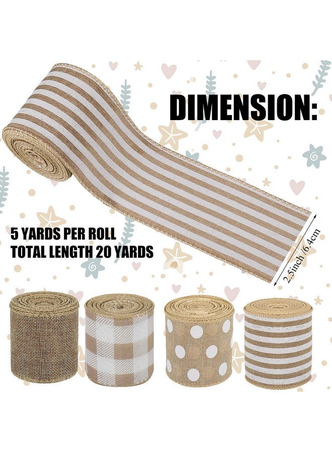 Mtlee 4 Rolls Burlap Fabric Ribbon Burlap Edge Ribbon White Dot Plaid Stripe Ribbon Rustic Farmhouse Craft Ribbon For Diy Present Wrapping Wreath Floral Bow Craft Decor 2.5 Inch X 20 Yard (Gray) - Image 3