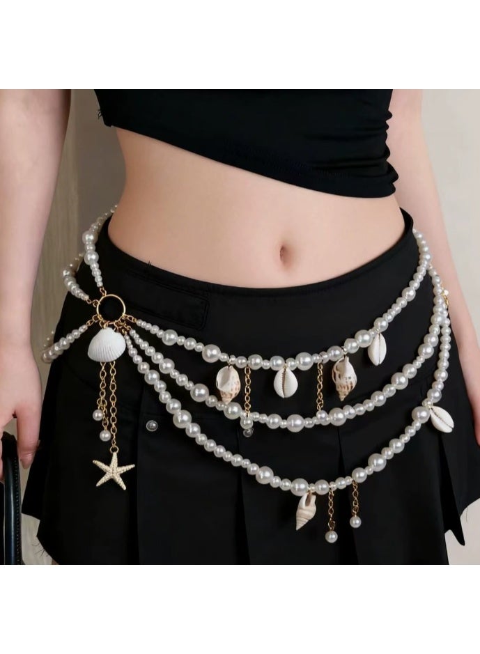 Starfish Pearl Waist Chain Belts for Women Mermaids Seashell Pearl Belly Chain Gold Pirate Rave Festival Summer Bikini Beach Jewelry Accessories - Image 1