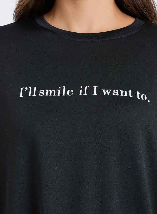 Styli Women Black Long Sleeve Slogan Oversize T-shirt - Image 3