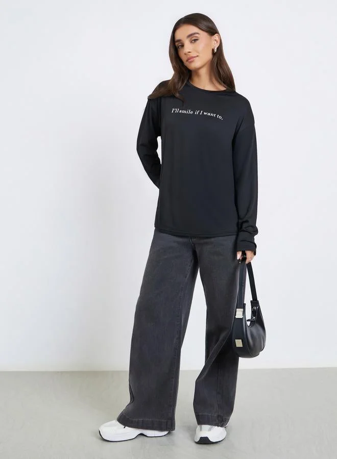 Styli Women Black Long Sleeve Slogan Oversize T-shirt