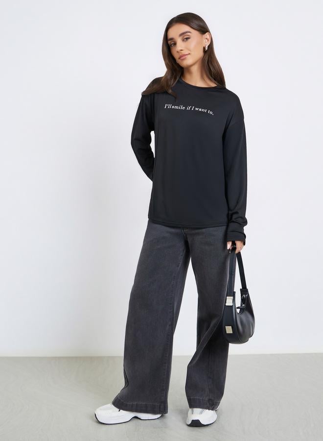 Styli Women Black Long Sleeve Slogan Oversize T-shirt - Image 2