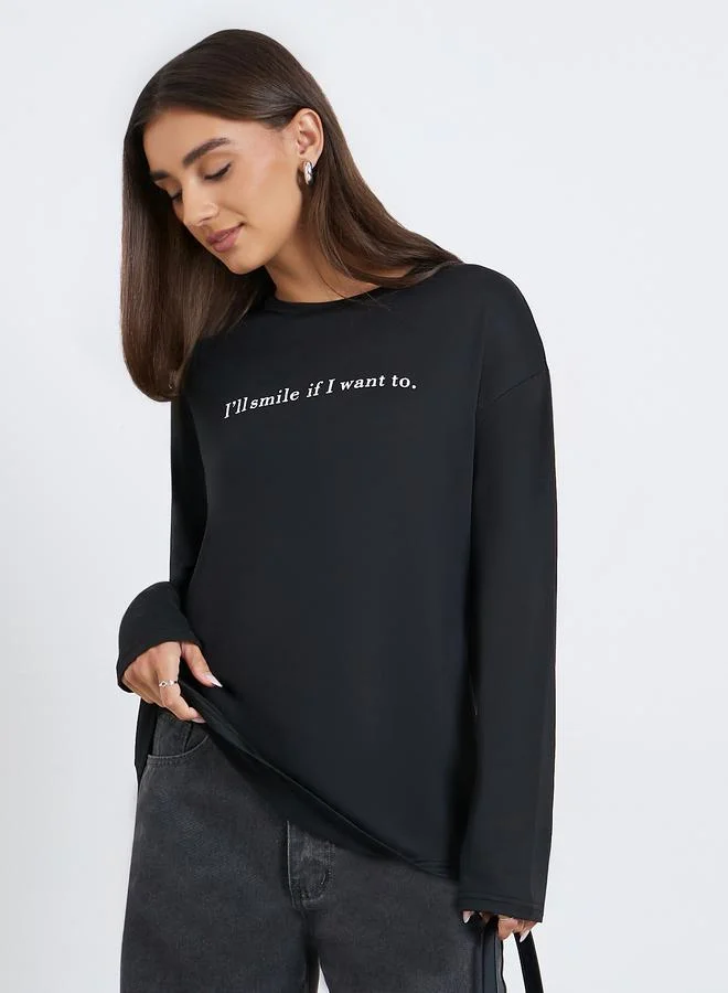 Styli Women Black Long Sleeve Slogan Oversize T-shirt