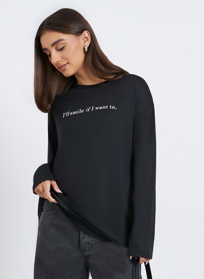 Styli Women Black Long Sleeve Slogan Oversize T-shirt - Image 1