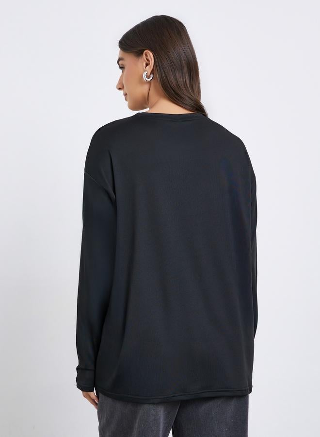 Styli Women Black Long Sleeve Slogan Oversize T-shirt - Image 4