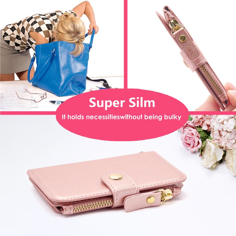 M-Plateau Card Holder, Womens Wallet PU Leather Keychain Wallet Wristlet With Zipper Coin Pocket And ID Window Gift For Women Gift Box (Pink) - Image 5