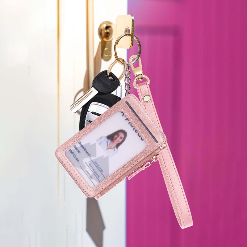 M-Plateau Card Holder, Womens Wallet PU Leather Keychain Wallet Wristlet With Zipper Coin Pocket And ID Window Gift For Women Gift Box (Pink) - Image 4