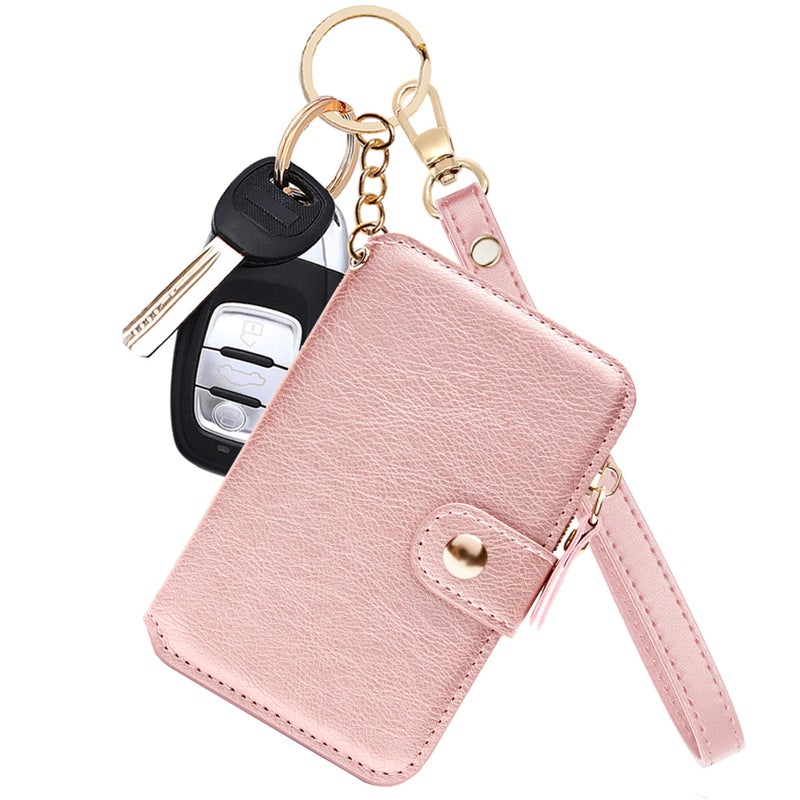 M-Plateau Card Holder, Womens Wallet PU Leather Keychain Wallet Wristlet With Zipper Coin Pocket And ID Window Gift For Women Gift Box (Pink) - Image 1