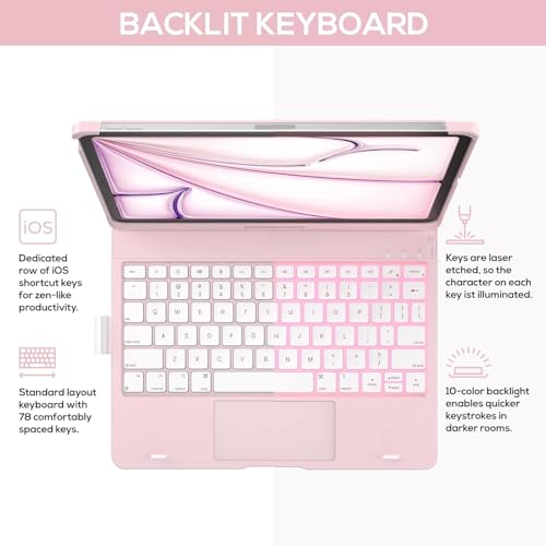typecase كيبورد تايبكيس تاتش لجهاز iPad Pro 11 (M5/M4) مع تراكباد ملتي تاتش، إضاءة خلفية بـ 11 لون، جراب قابل للدوران 360°، حامل قلم - وردي فاتح'26 (** ليس لجهاز Pro 11 (M2)، A16(11th)، Air 11 (M3/M2)) - Image 5