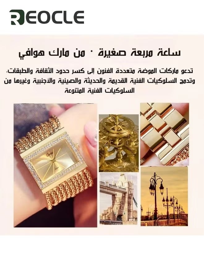 REOCLE Women's Luxury Square Wrist Watches Crystal Decorated Bezel Diamond Gold Alloy Quartz Wristwatches - Image 4