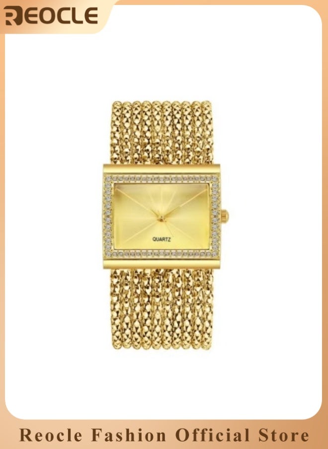 REOCLE Women's Luxury Square Wrist Watches Crystal Decorated Bezel Diamond Gold Alloy Quartz Wristwatches - Image 1