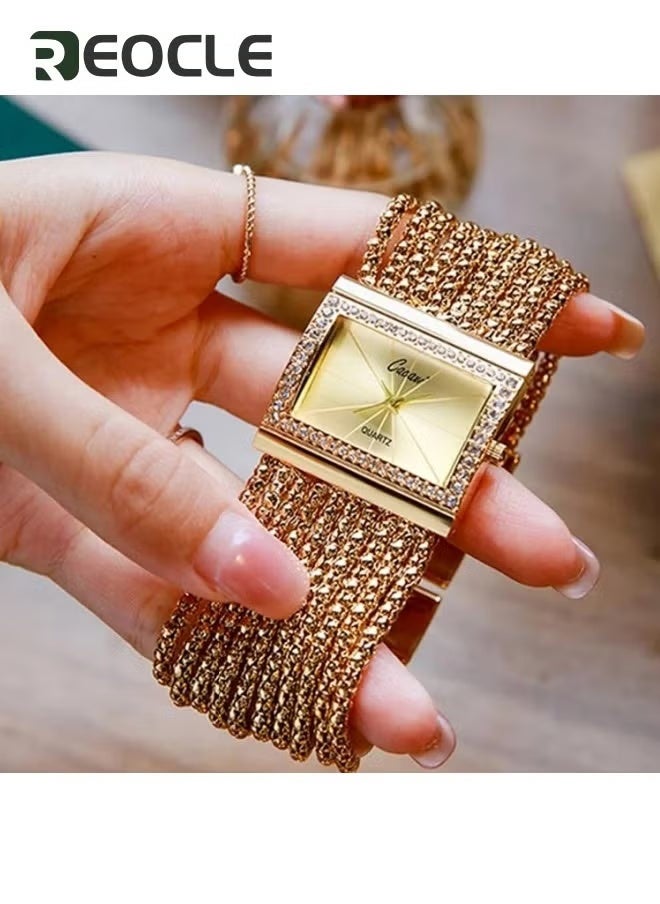 REOCLE Women's Luxury Square Wrist Watches Crystal Decorated Bezel Diamond Gold Alloy Quartz Wristwatches - Image 3