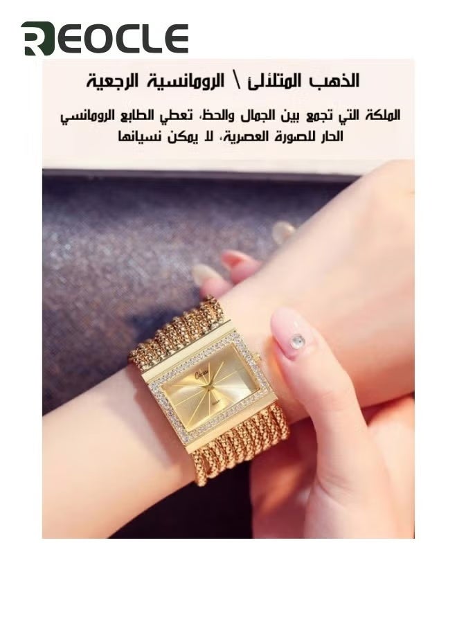 REOCLE Women's Luxury Square Wrist Watches Crystal Decorated Bezel Diamond Gold Alloy Quartz Wristwatches - Image 5