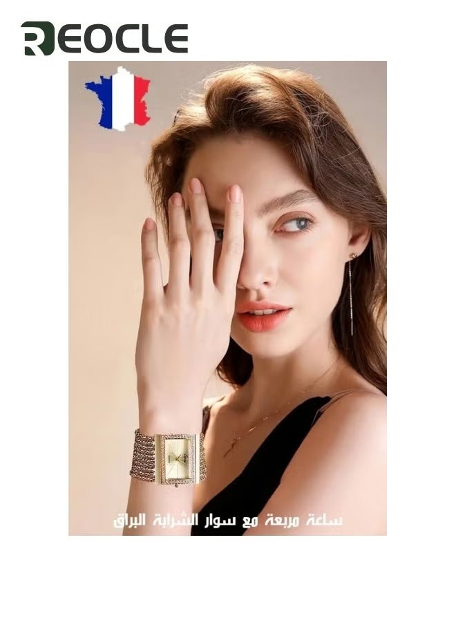 REOCLE Women's Luxury Square Wrist Watches Crystal Decorated Bezel Diamond Gold Alloy Quartz Wristwatches - Image 2