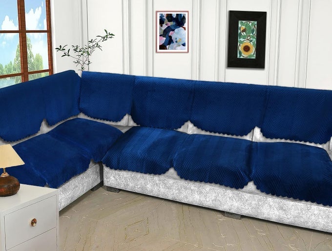 SOFA COVER L SHAPE 6 SEATS VELVET QUILTED ANTISLIP SOFA COVER PROTECTOR COVERS SOFA COVER FOR LIVING ROOM SOFA SLIPCOVERS NAVY DESIGN 2 LSHAPE