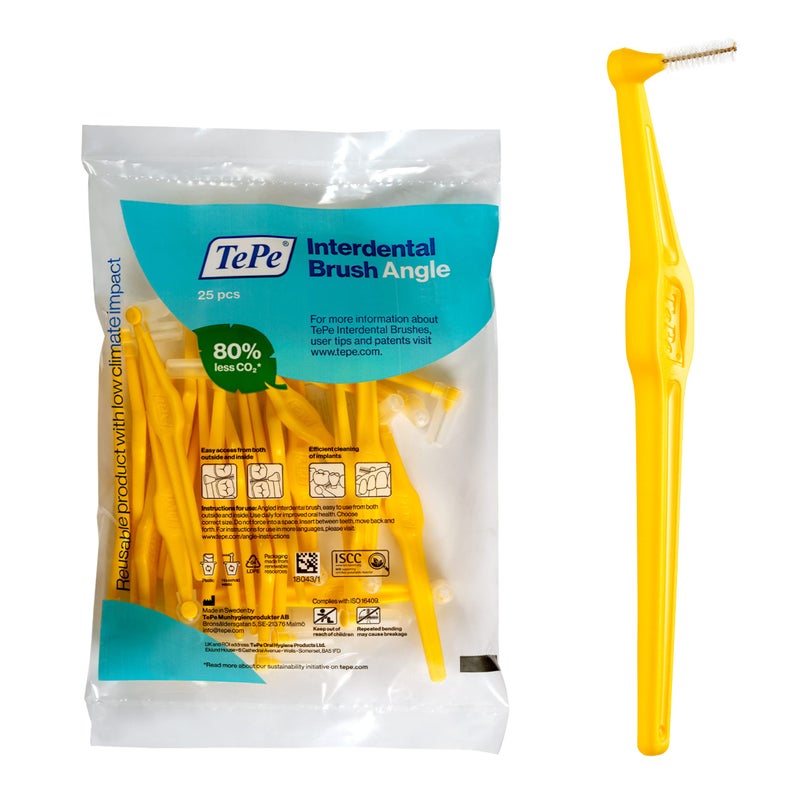 TePe Interdental Brush Angle Angled Dental Brush for Teeth Cleaning Pack of 25 07 mm Medium Gaps Yellow Size 4