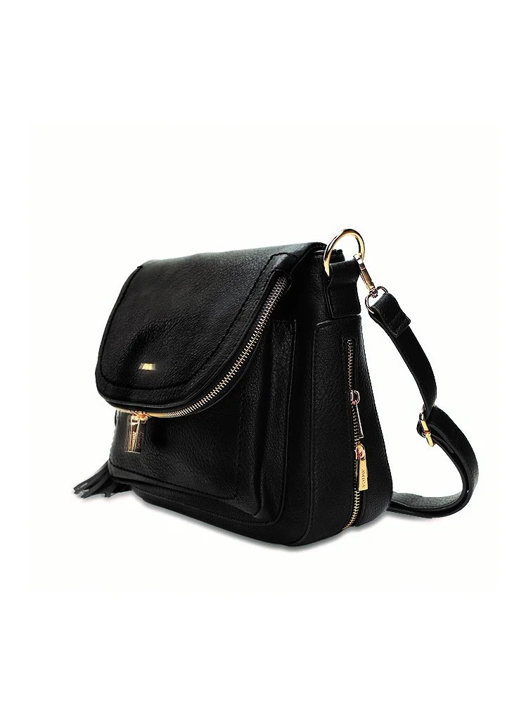 AMICA Carina Womens Leather Tassel Zip Closure Cross Body Bag - Black