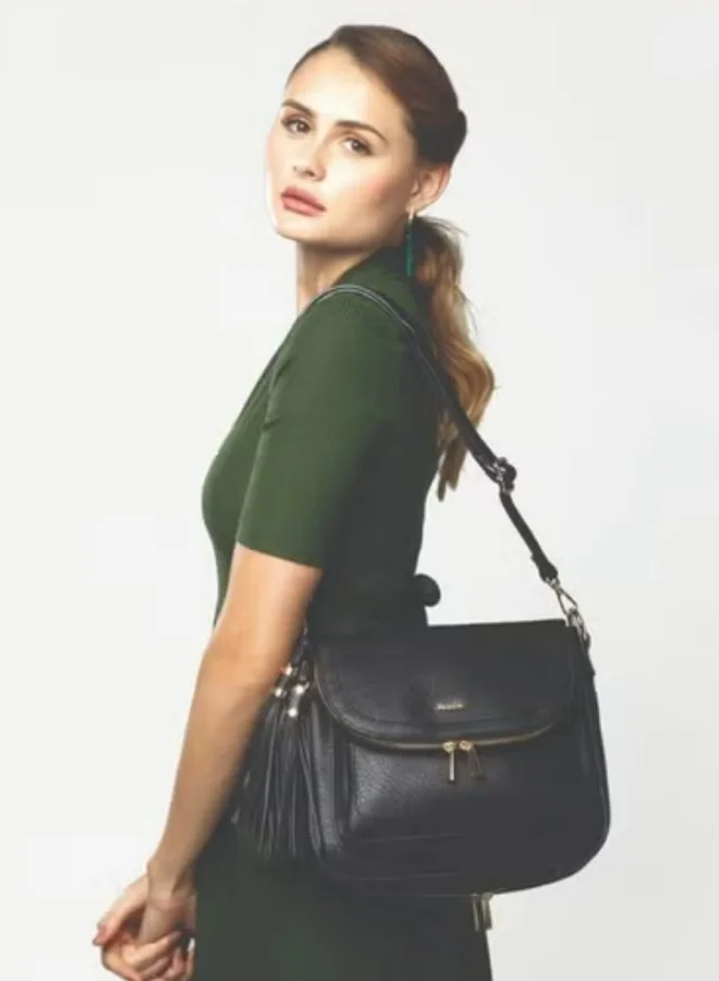 AMICA Carina Womens Leather Tassel Zip Closure Cross Body Bag - Black