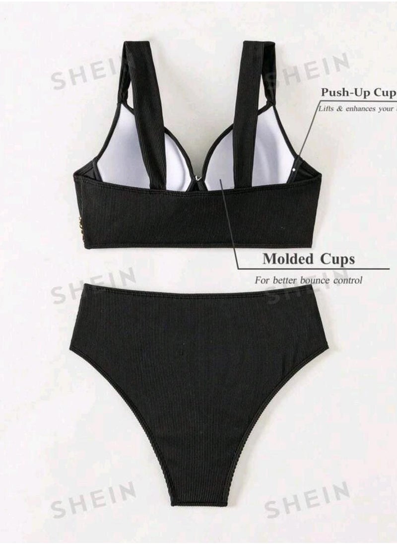 Shein - Stitch Detail Wrap High Waisted Bikini Swimsuit - Image 1