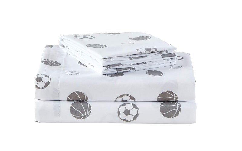 Chezmoi Collection Chezmoi Collection 4Piece KidsTeens Sports Sheet Set  Soft Microfiber White Gray Baseball Basketball Football Soccer Full Size