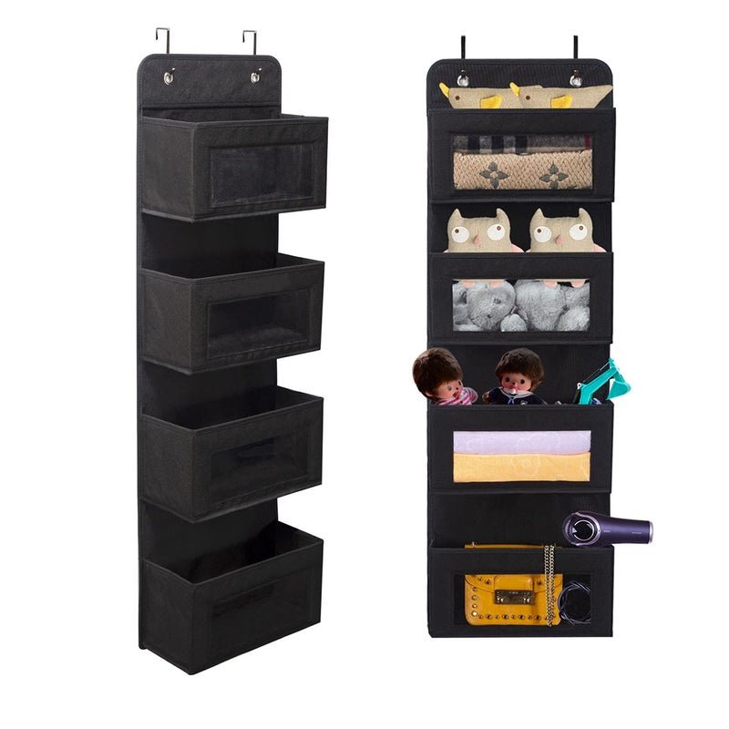 BrilliantJo Over Door Storage Organiser Soft Fabric Hanging Storage Organizer with Clear Window for Pantry Baby Nursery Bathroom Closet Dorm Room 4 Pockets Black
