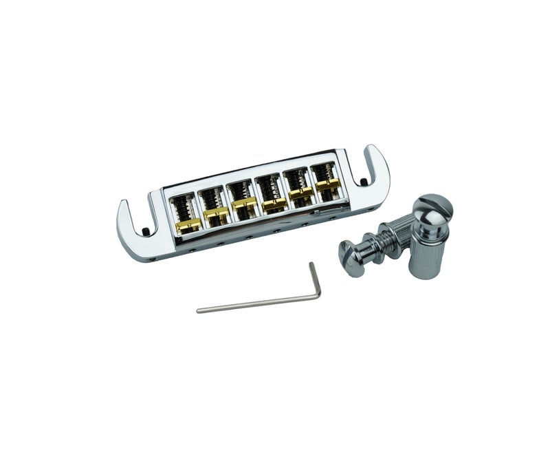 Guyker Guitar Bridge String Spacing 10.5mm, Zinc Alloy Dual-Tone Adjustable Wraparound Tune O Matic Bridge Tailpiece with Studs for 6 String Les Paul LP SG Electric Guitar (GM002, Chrome) - Image 1