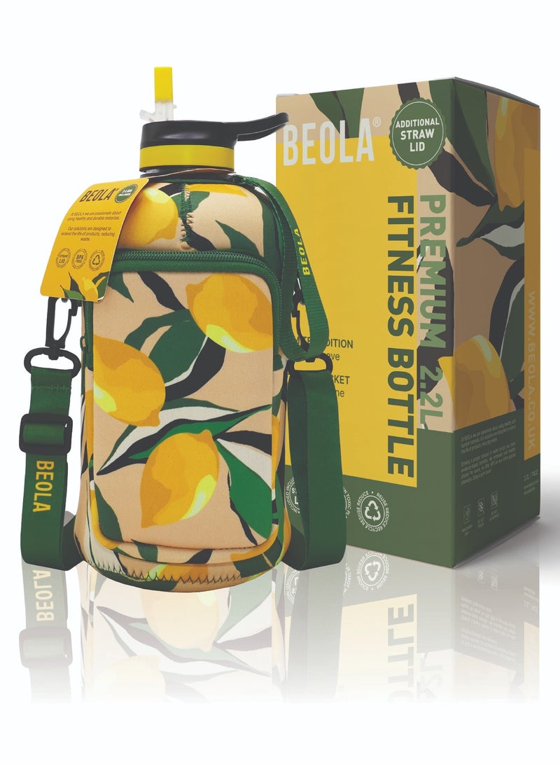 BEOLA Large Gym Half Gallon Water Bottle with Case, Life Lemons - 2.2L - Image 1