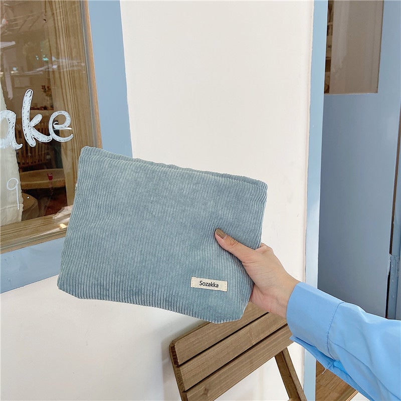 Large Capacity Corduroy Cosmetic Clutch Bag Light blue and gray