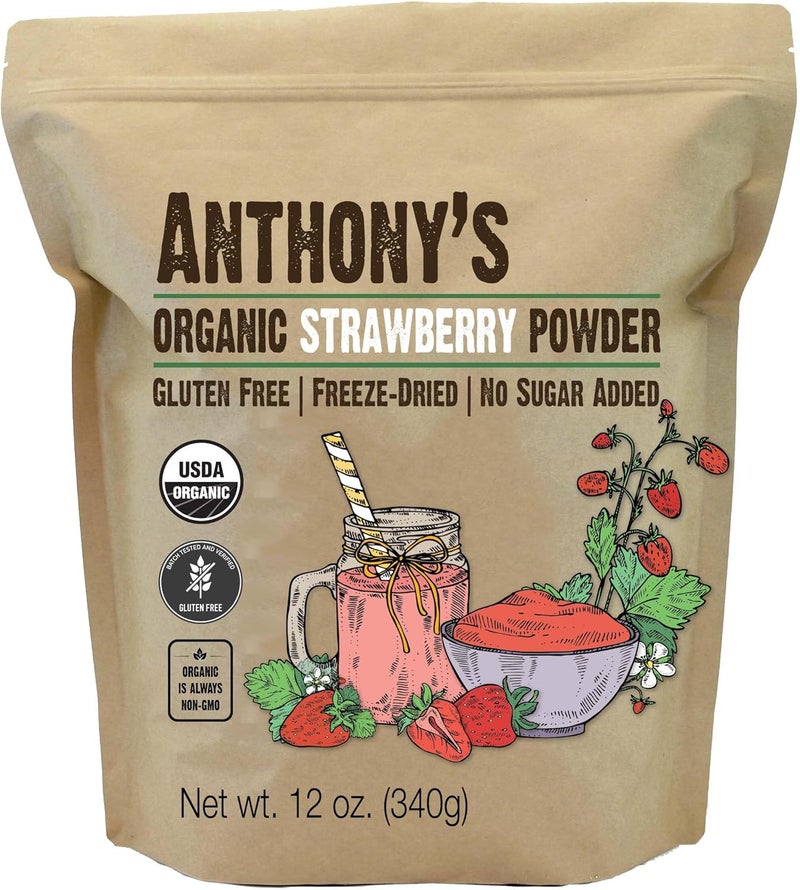 Anthony's مسحوق الفراولة العضوي من أنتوني - 12 أونصة مجفف بالتجميد، خالي من الجلوتين، بدون سكر مضاف، غير معدّل وراثيًا - Image 1
