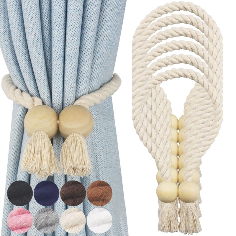 Nieffeiy 6 Pack Magnetic Curtain Tiebacks Cotton Hand Woven Tie Back Decorative Rope Holdbacks for Curtains Draperies No Tools Required Beige