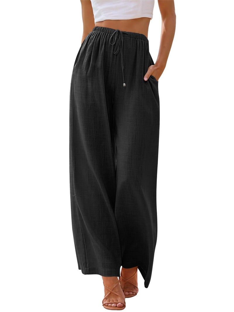 LILLUSORY Linen Wide Leg Pants Womens Palazzo Flowy Beach Vacation 2025 Summer Spring Fashion Outfits Clothes Clothing Trendy Skirt Cruise High Waisted Bohemian Travel Trousers with Pockets Black - Image 1