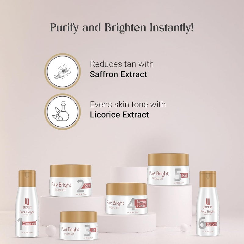 JIDEN Pure Bright Facial Kit 260gm Enriched with Saffron Extract Licorice Extract Aloe Vera Olive Oil Deep Nourishment Tan Blemish Reduction Natural Glow Enhancer 6Step Skin Hydrating - Image 5
