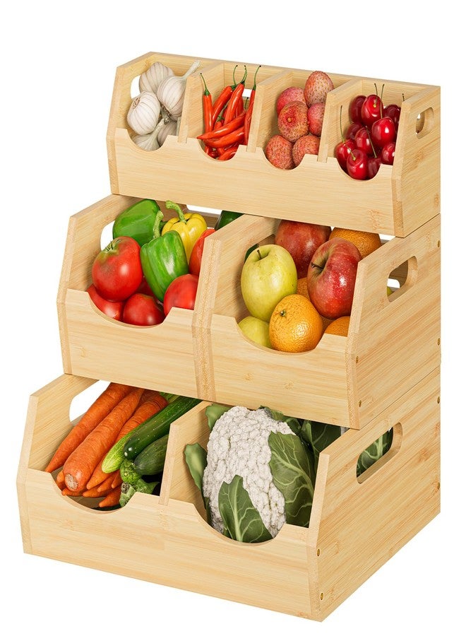 MTGSTOCL Upgraded 3 Tier Bamboo Pantry Storage Bins - Stackable Potato and Onion Storage Bin, Storage Baskets Airflow Vent Vegetable and Fruit Organizer with Handle, for Kitchen, Livingroom,Bathroom - Image 1