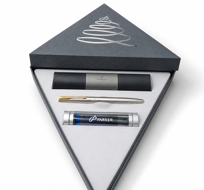 Parker Frontier metal pen with gold grip, Fountain Pen + 5 free cartridges + gift box-Made in UK - Image 1