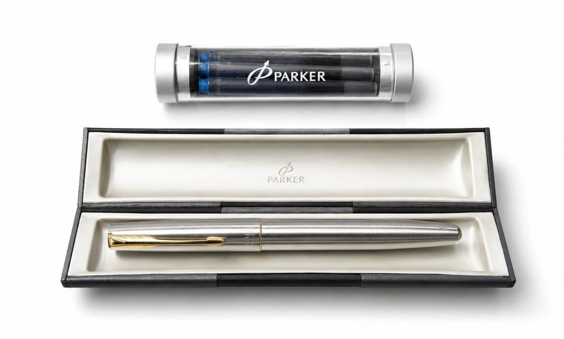 Parker Frontier metal pen with gold grip, Fountain Pen + 5 free cartridges + gift box-Made in UK - Image 3