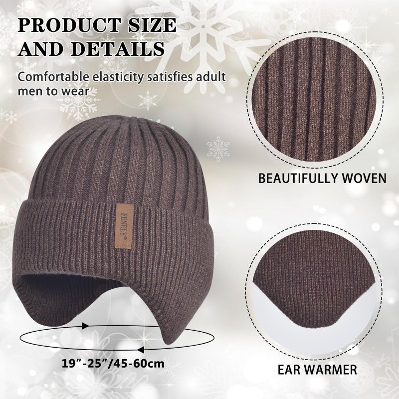 FENELY Men Beanie Hat Scarf Touchscreen Gloves Set Winter Warm Knit Fleece Lined Thick Thermal Neck Warmer Coffee Brown Cap with Earflap for Cold Weather Outdoor - Image 2