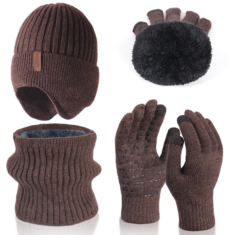 FENELY Men Beanie Hat Scarf Touchscreen Gloves Set Winter Warm Knit Fleece Lined Thick Thermal Neck Warmer Coffee Brown Cap with Earflap for Cold Weather Outdoor - Image 1
