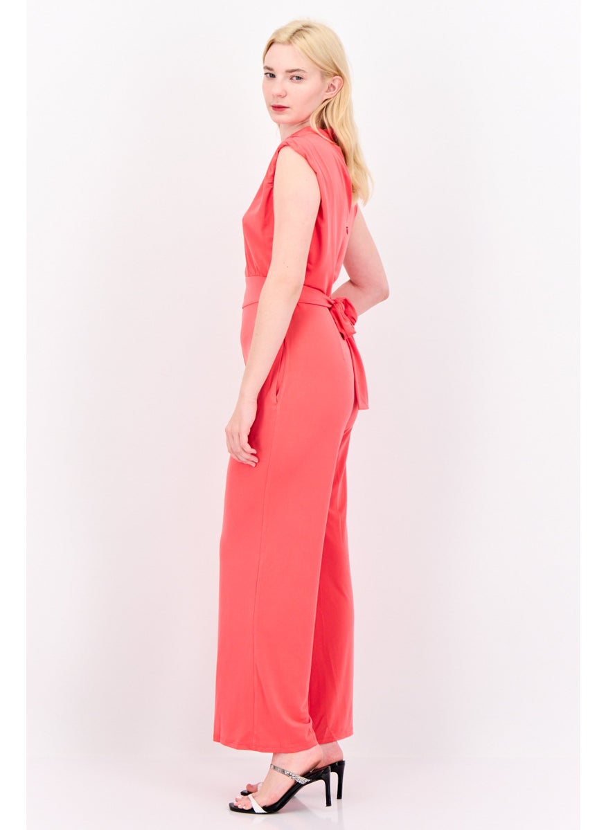 Donna Morgan Women Plain Sleeveless Belt Detail Jumpsuit, Paradise Pink  - Image 3