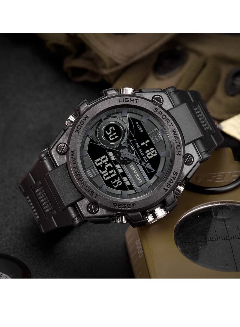 SYOSI ساعات رجالية رياضية خارجية مقاومة للماء ساعة عسكرية متعددة الوظائف تكتيكية منبه LED ساعة توقيت - Image 2