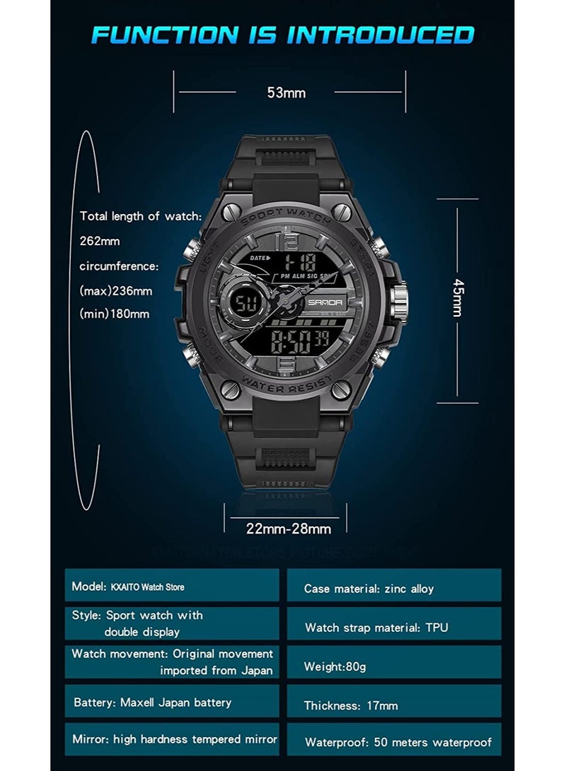 SYOSI ساعات رجالية رياضية خارجية مقاومة للماء ساعة عسكرية متعددة الوظائف تكتيكية منبه LED ساعة توقيت - Image 4