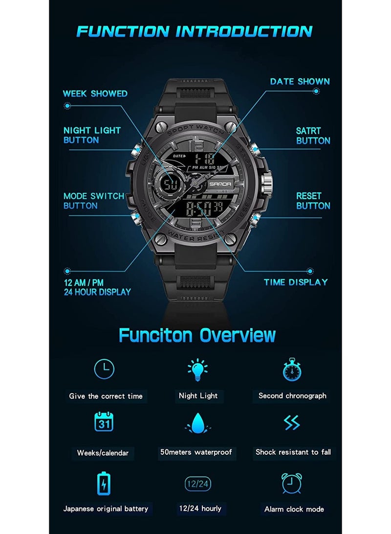 SYOSI ساعات رجالية رياضية خارجية مقاومة للماء ساعة عسكرية متعددة الوظائف تكتيكية منبه LED ساعة توقيت - Image 3