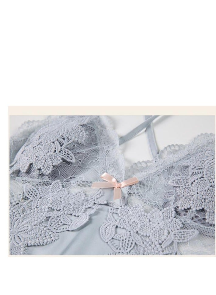 New Satin Lace Chest Cuhion Suspender Nightgown, Women's Lace Up Nightgown, Home Wear Four Piece S - Image 5