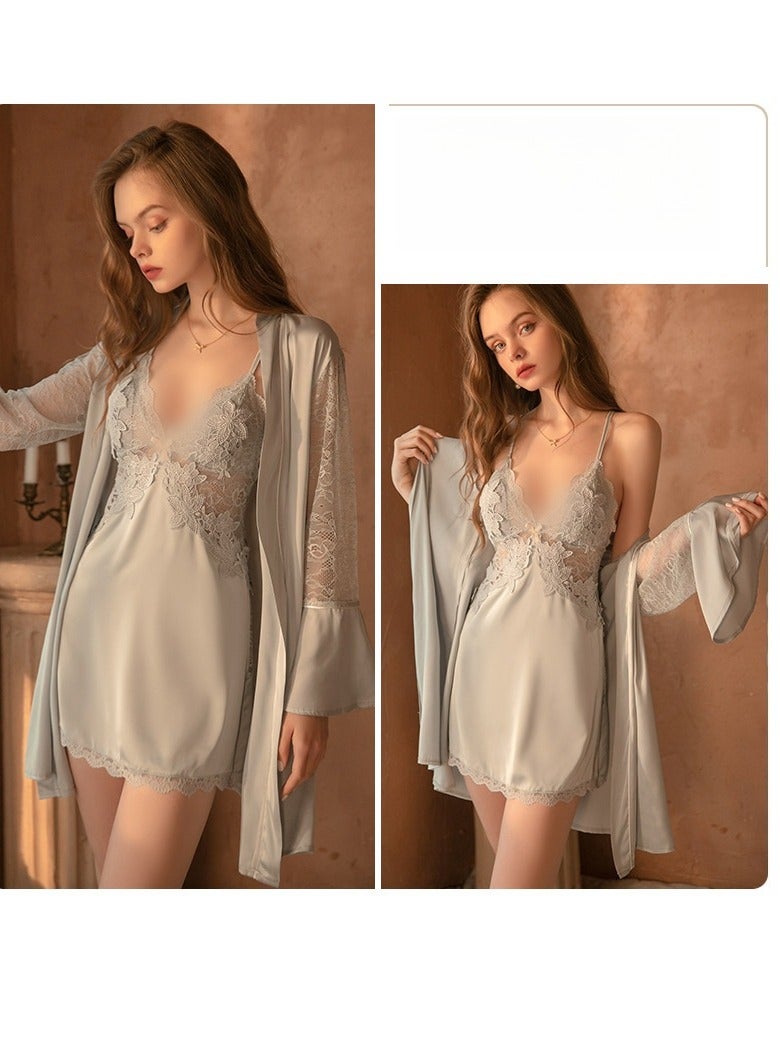 New Satin Lace Chest Cuhion Suspender Nightgown, Women's Lace Up Nightgown, Home Wear Four Piece S - Image 2