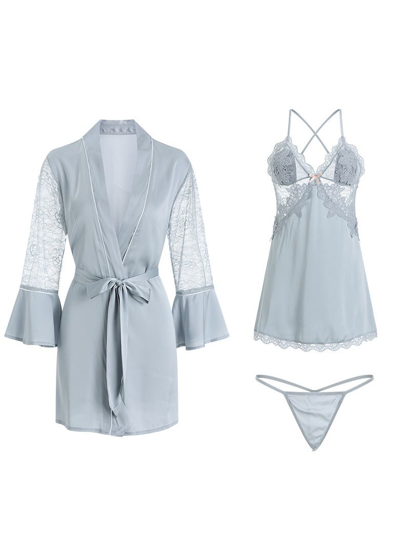 New Satin Lace Chest Cuhion Suspender Nightgown, Women's Lace Up Nightgown, Home Wear Four Piece S - Image 1