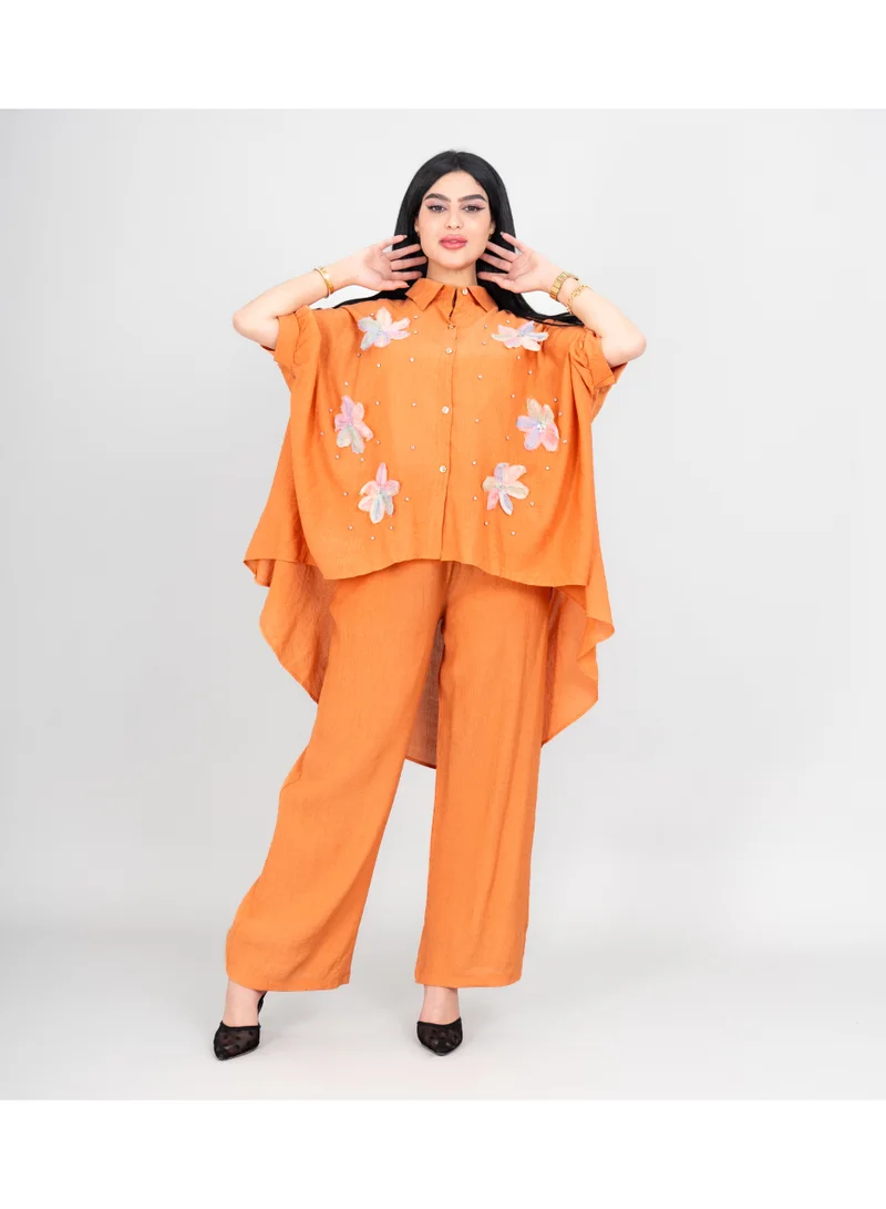 IKKXA Modern Two-Piece Outfit Oversize Shirt and Pants Crystal Embroidery Details IK477 Orange
