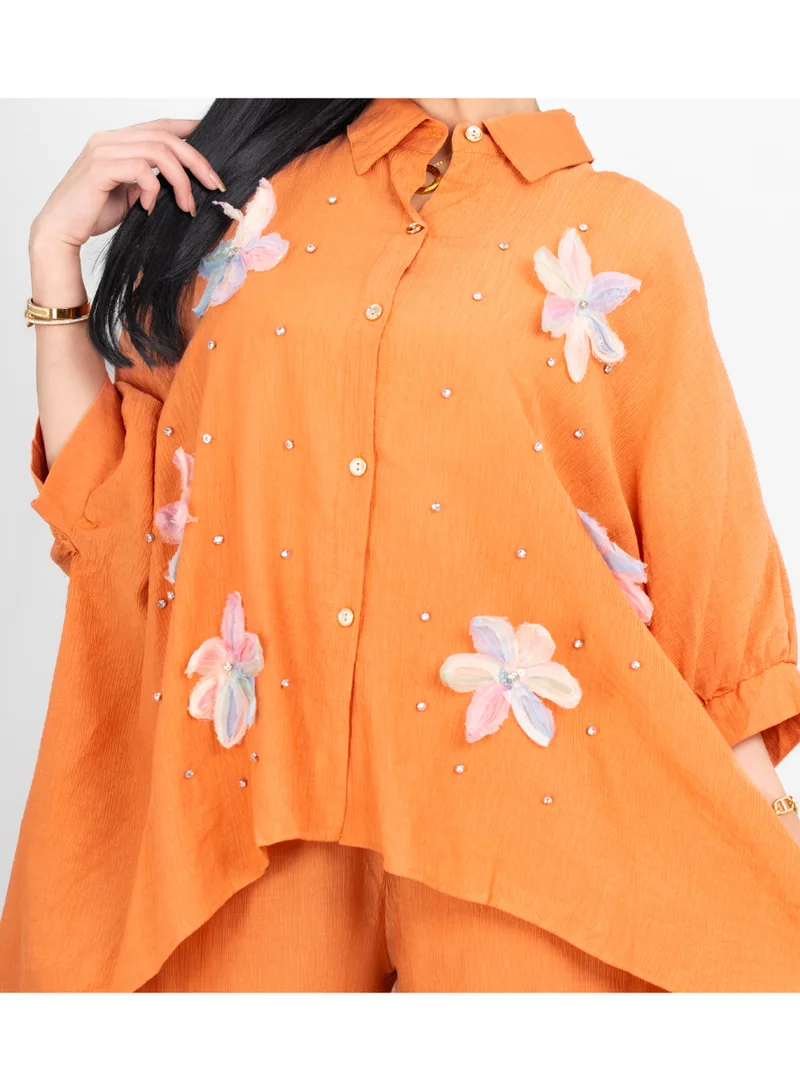 IKKXA Modern Two-Piece Outfit Oversize Shirt and Pants Crystal Embroidery Details IK477 Orange