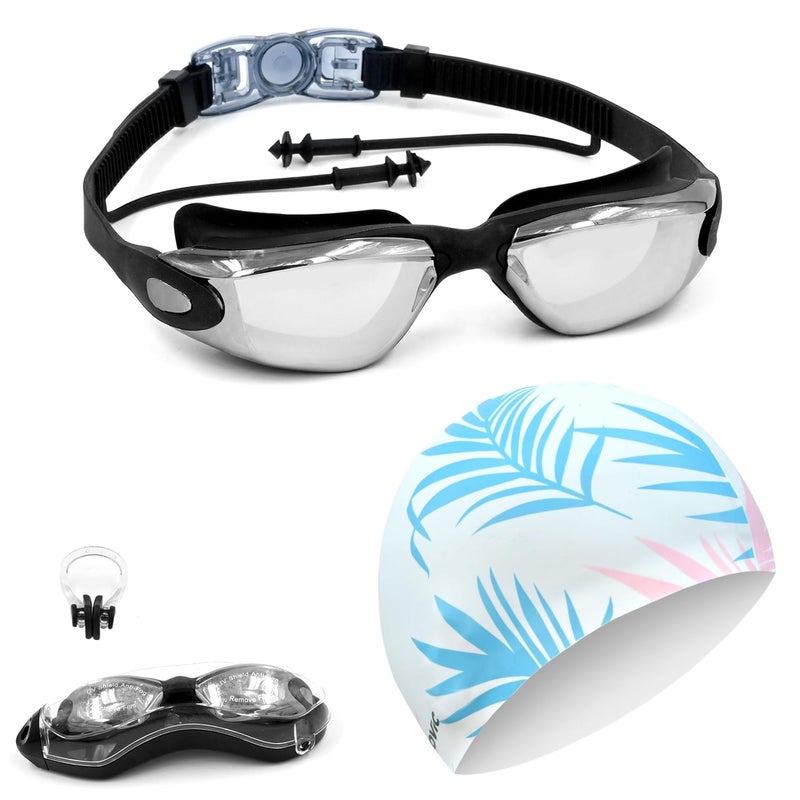 SLOVIC Swimming Kit | Swimming Goggles (Black) & Swimming Cap (White Leaf) for Men & Women with Ear Plugs, Nose Clip | Stylish Pool Cap for Long - Image 1