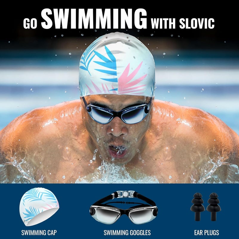 SLOVIC Swimming Kit | Swimming Goggles (Black) & Swimming Cap (White Leaf) for Men & Women with Ear Plugs, Nose Clip | Stylish Pool Cap for Long - Image 2