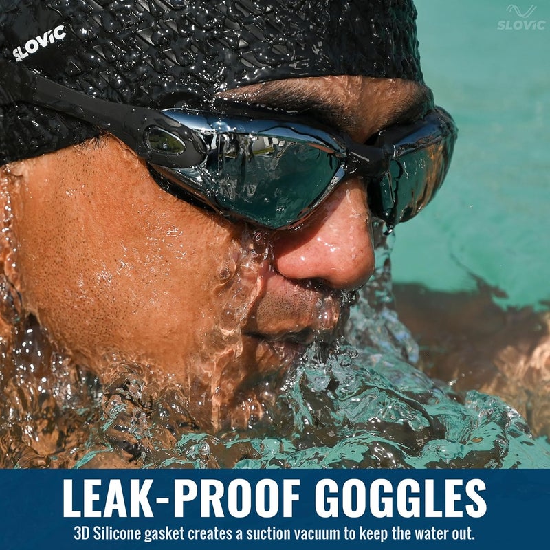 SLOVIC Swimming Kit | Swimming Goggles (Black) & Swimming Cap (White Leaf) for Men & Women with Ear Plugs, Nose Clip | Stylish Pool Cap for Long - Image 5