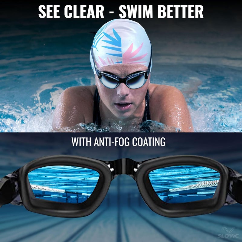 SLOVIC Swimming Kit | Swimming Goggles (Black) & Swimming Cap (White Leaf) for Men & Women with Ear Plugs, Nose Clip | Stylish Pool Cap for Long - Image 3
