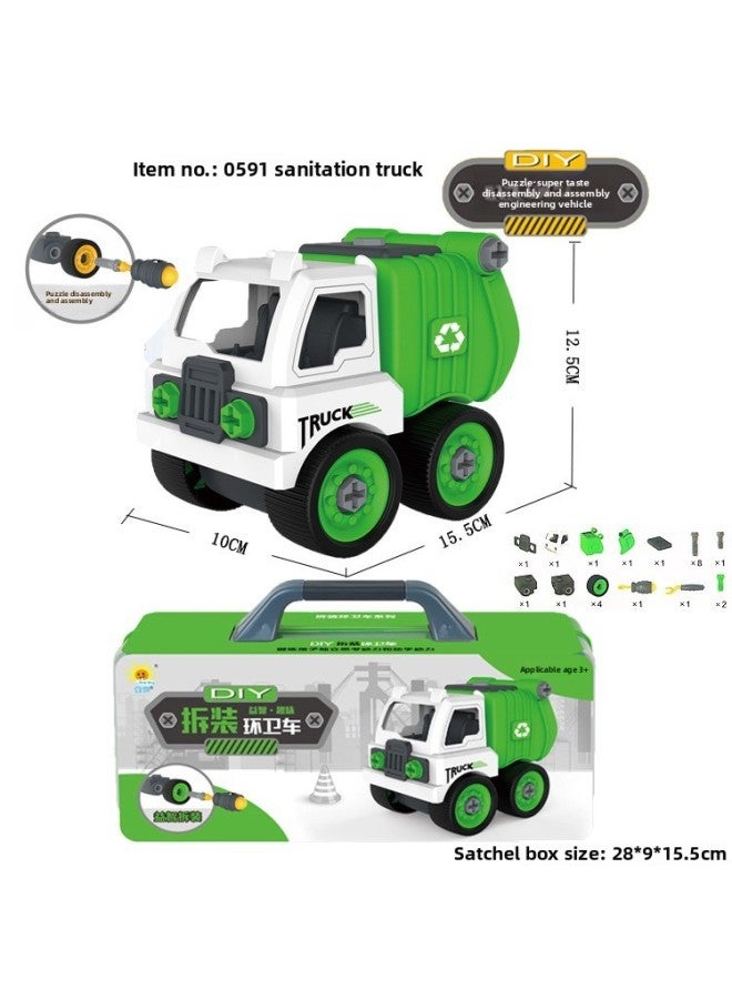 Children's Toys DIY Disassembly Excavator Sanitation Truck Mixer Children Gift Portable Box Toy Set-Specifications:0590 Green Loading And Unloading Truck - Image 5